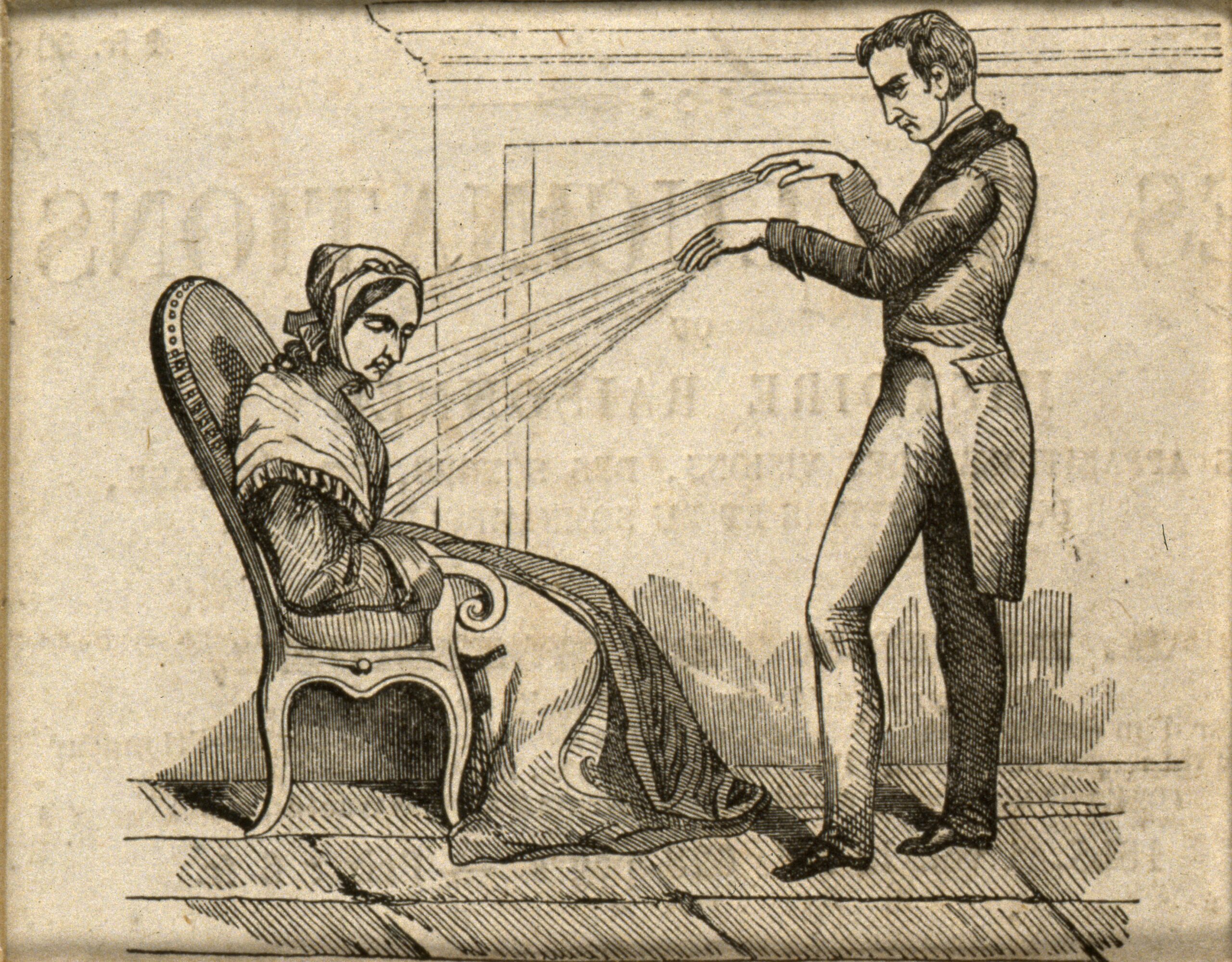 Gravure historique représentant une séance de magnétisme animal, ancêtre historique de l'hypnose