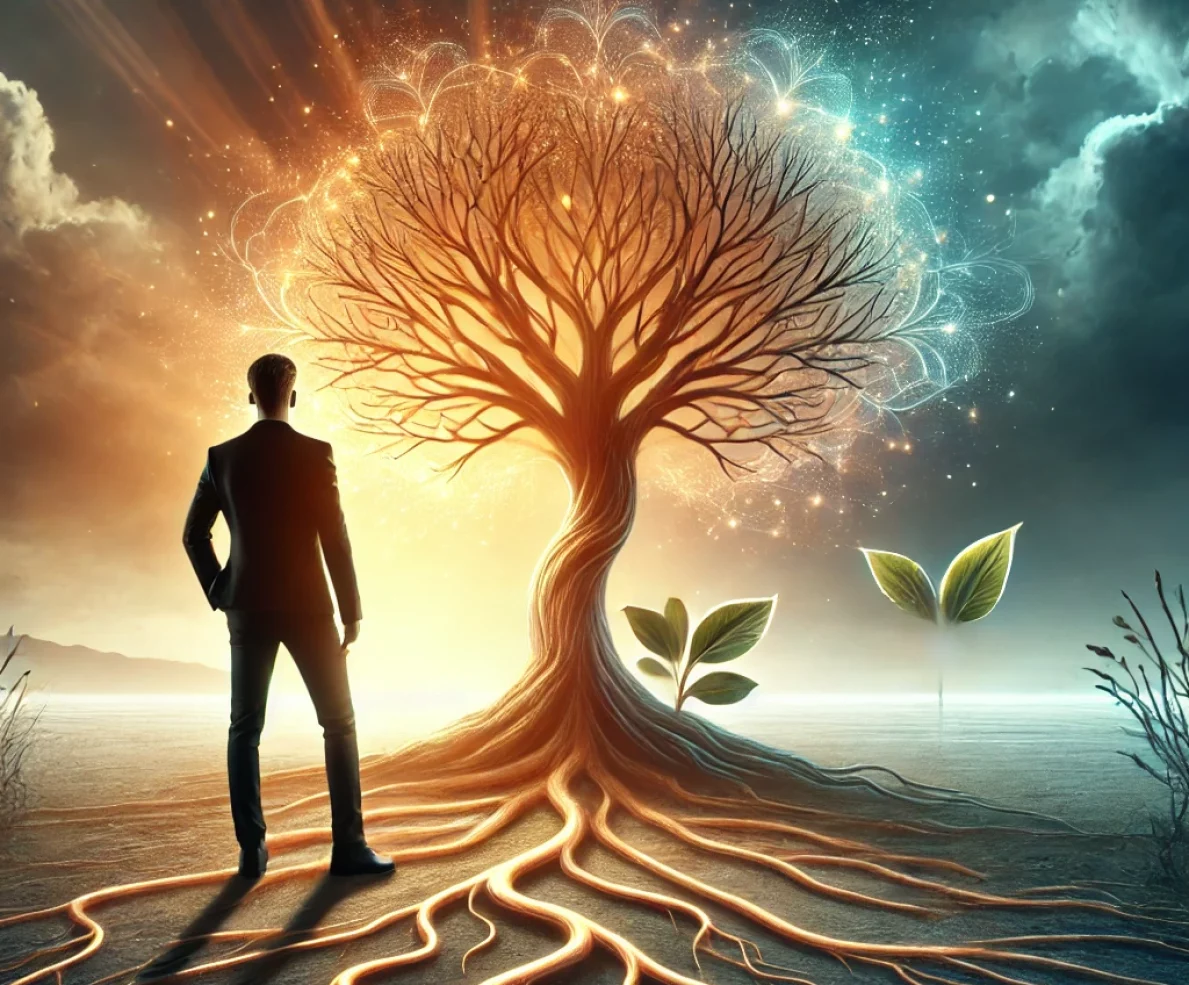 DALL·E 2024-12-10 16.14.33 - Create a visually cohesive square image to represent the concept of personal transformation and growth. The image depicts a person standing confidentl